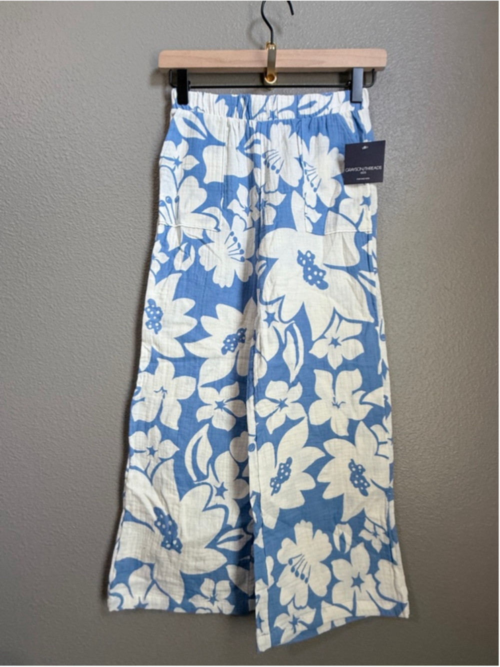 Girls Grayson Threads Casual wide leg Pants M 8 Blue White Floral cotton